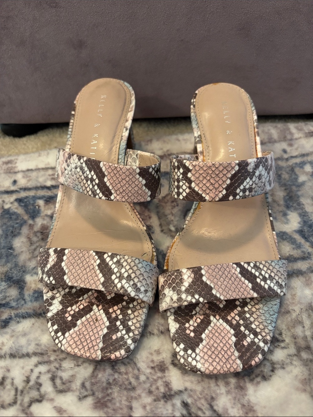 Kelly & Katie Pink and Taupe Snake-Print Slide Sandals